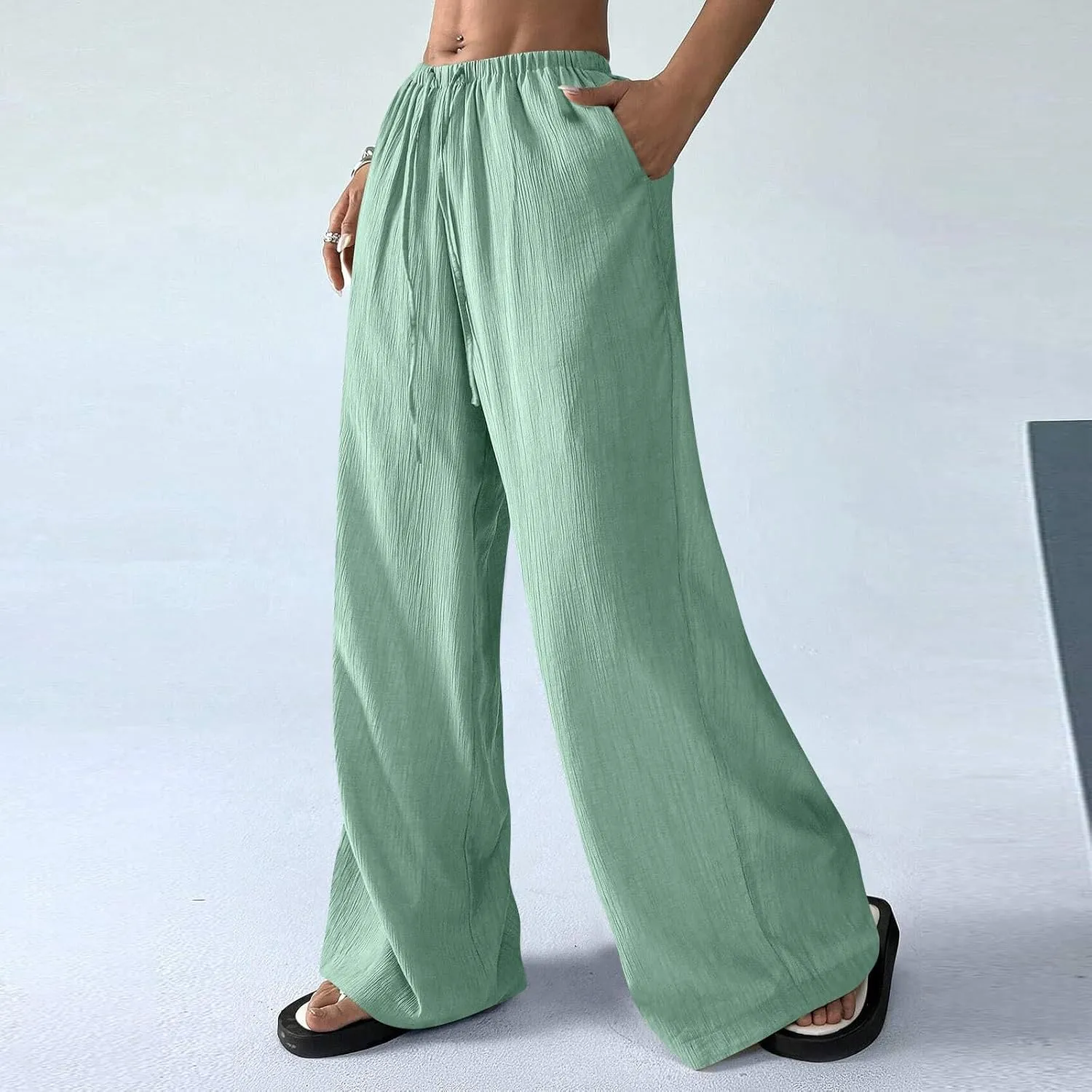 GOFULY Linen Pants Women Wide Leg Beach High Rise Pants Casual Elastic Waist Drawstring Summer 2025 Solid Trouser with Pocket