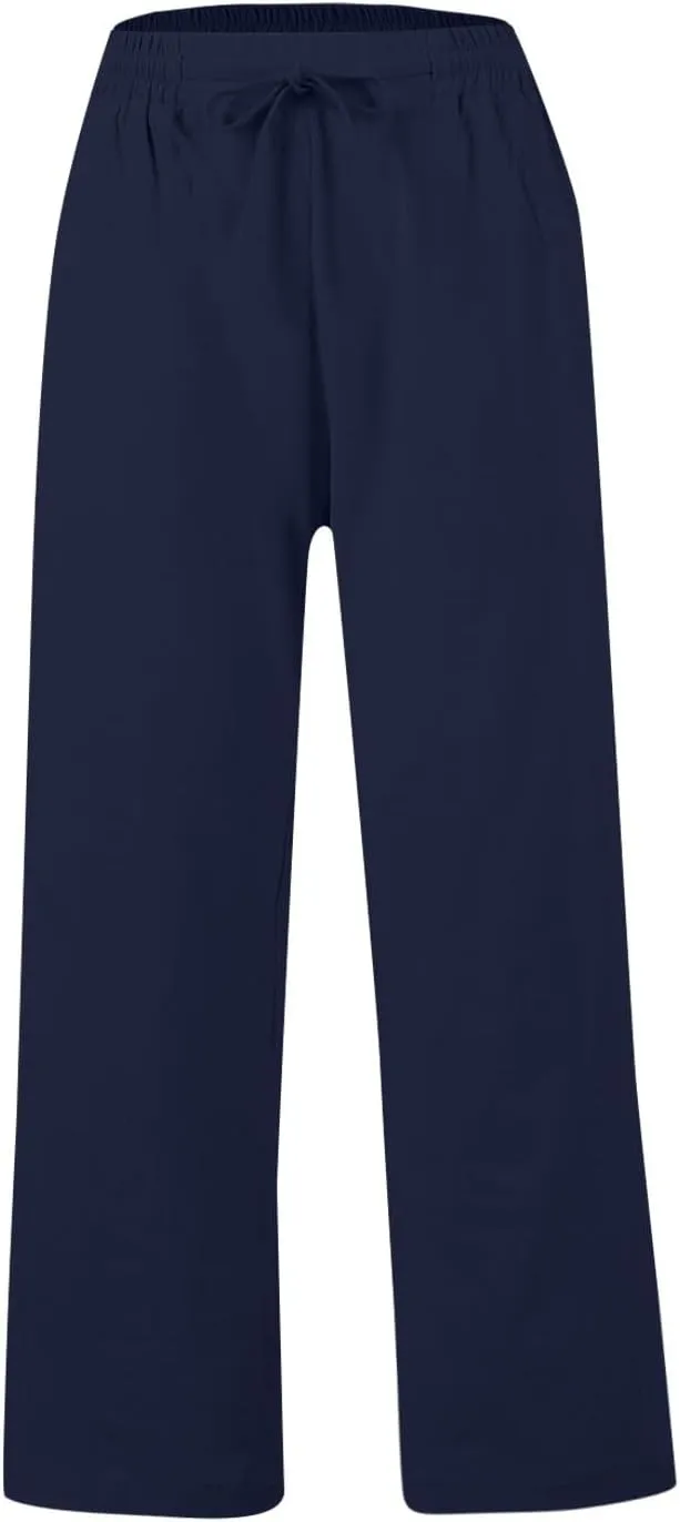 GOFULY Linen Pants Women Wide Leg Trendy High Waisted Pants Casual Drawstring Elastic Waist Baggy Solid Outfits with Pockets