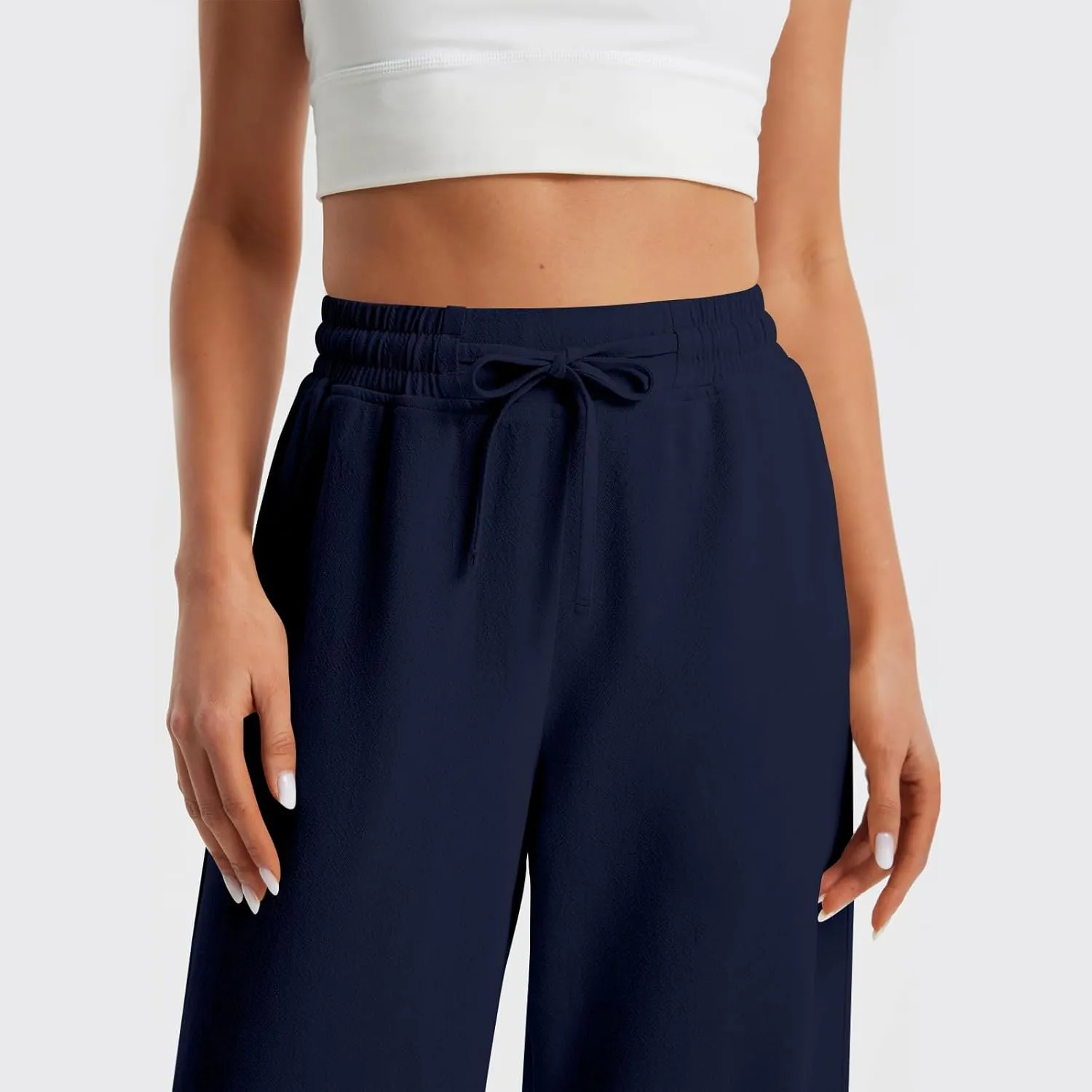 GOFULY Linen Pants Women Wide Leg Trendy High Waisted Pants Casual Drawstring Elastic Waist Baggy Solid Outfits with Pockets