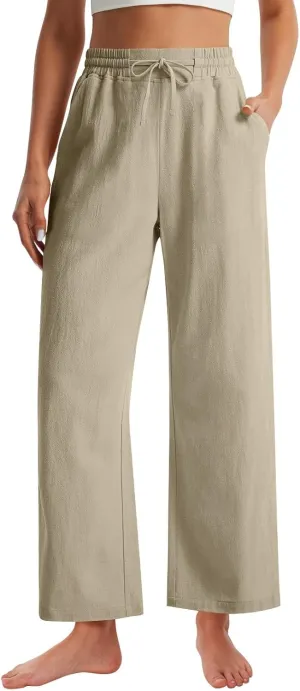 GOFULY Linen Pants Women Wide Leg Trendy High Waisted Pants Casual Drawstring Elastic Waist Baggy Solid Outfits with Pockets