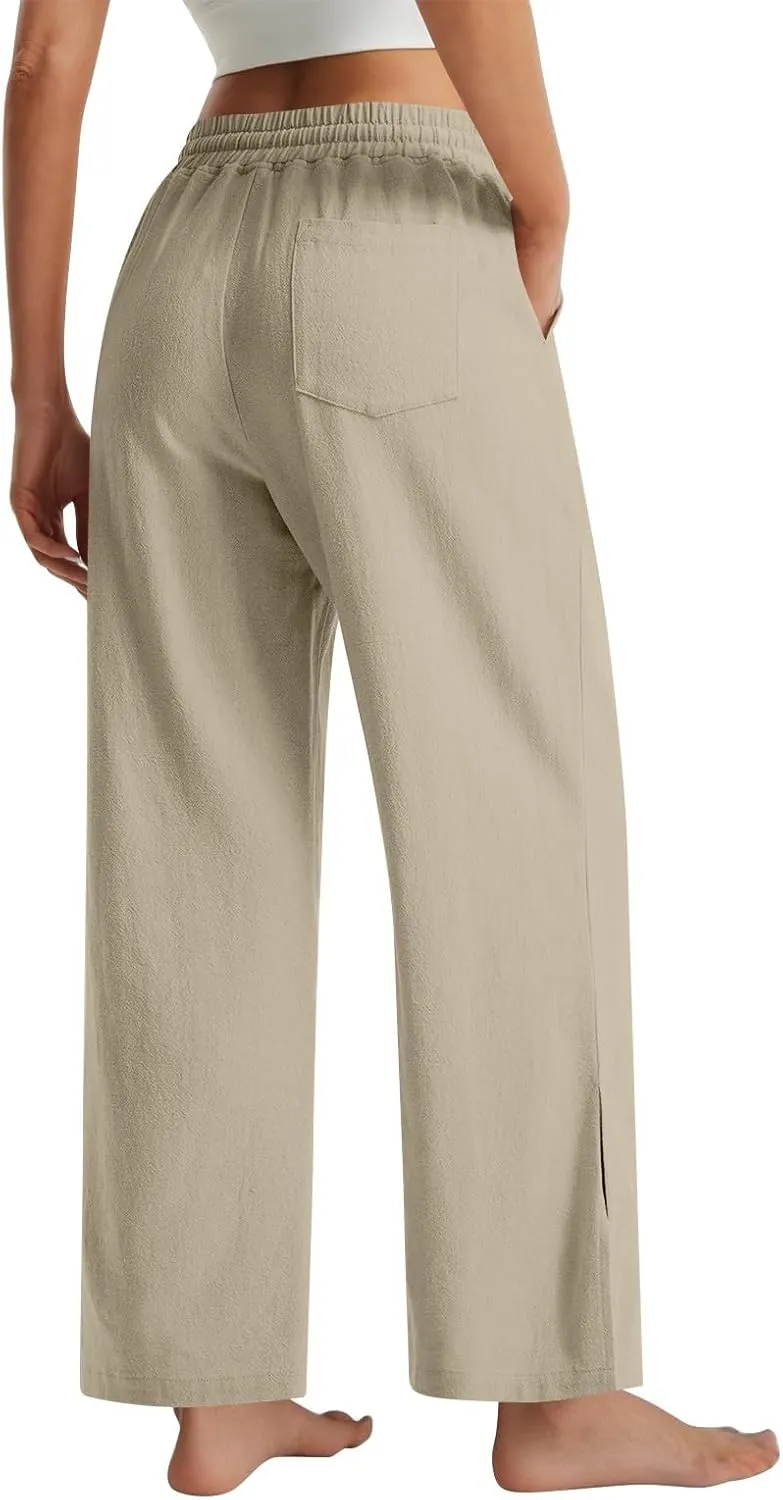 GOFULY Linen Pants Women Wide Leg Trendy High Waisted Pants Casual Drawstring Elastic Waist Baggy Solid Outfits with Pockets