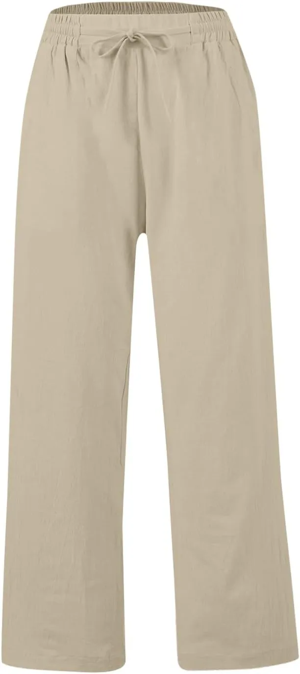 GOFULY Linen Pants Women Wide Leg Trendy High Waisted Pants Casual Drawstring Elastic Waist Baggy Solid Outfits with Pockets