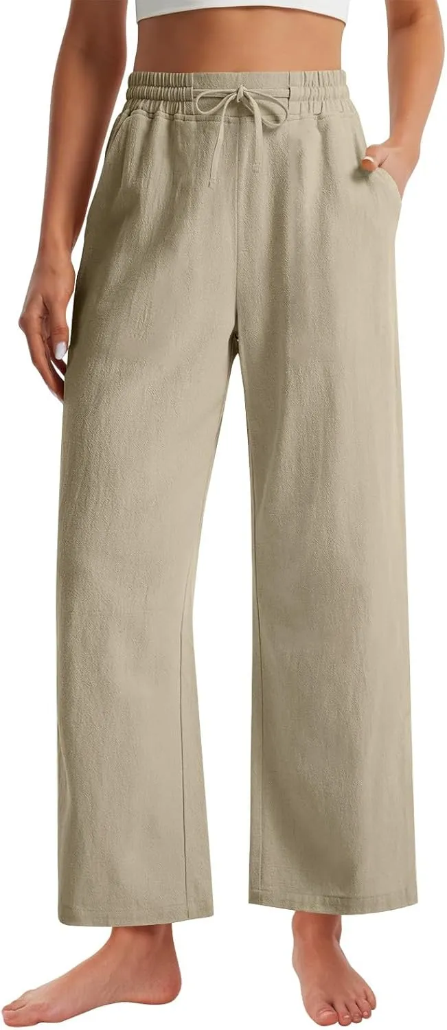 GOFULY Linen Pants Women Wide Leg Trendy High Waisted Pants Casual Drawstring Elastic Waist Baggy Solid Outfits with Pockets