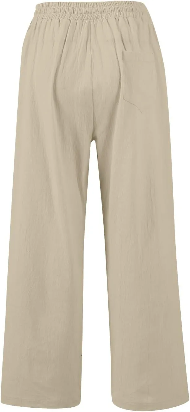 GOFULY Linen Pants Women Wide Leg Trendy High Waisted Pants Casual Drawstring Elastic Waist Baggy Solid Outfits with Pockets