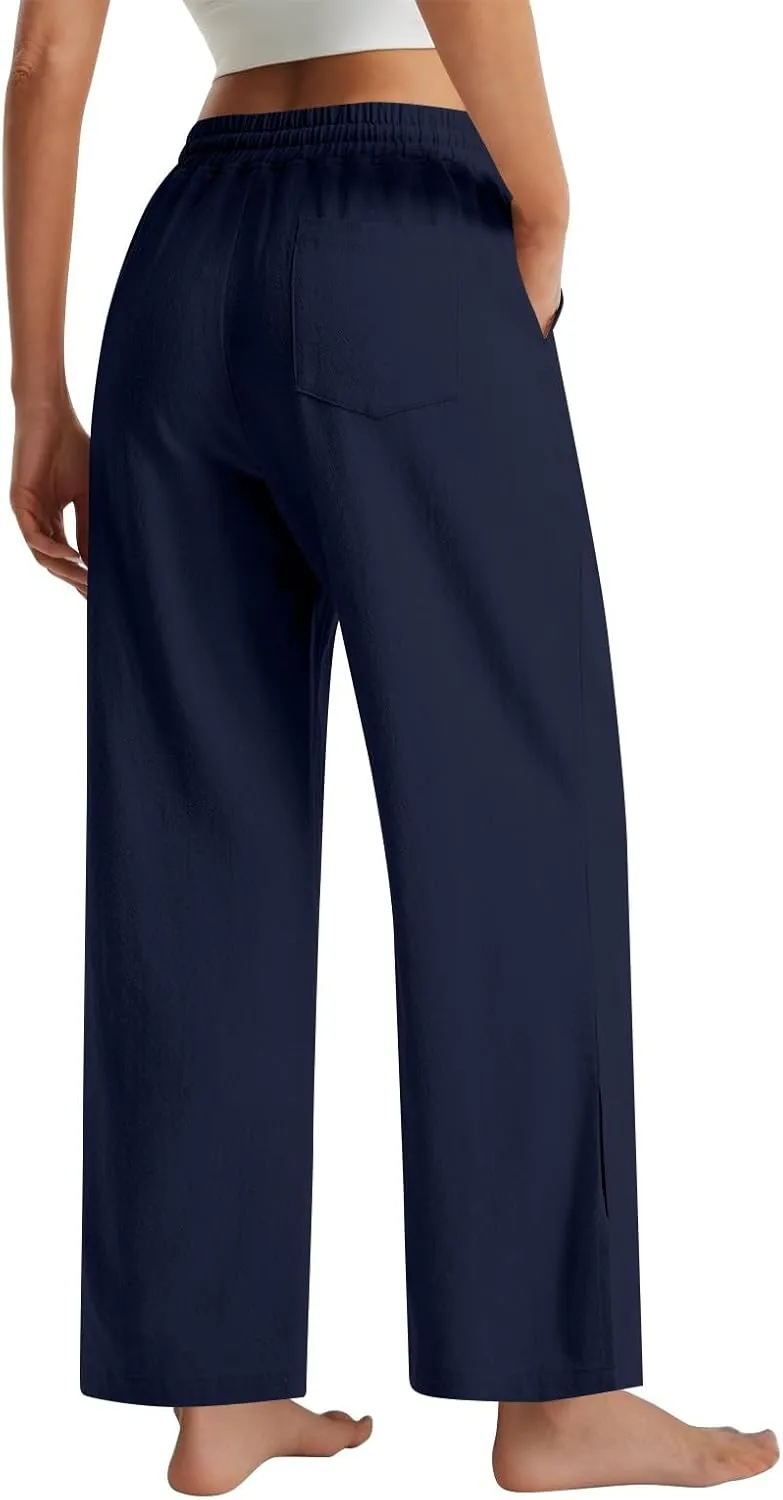 GOFULY Linen Pants Women Wide Leg Trendy High Waisted Pants Casual Drawstring Elastic Waist Baggy Solid Outfits with Pockets