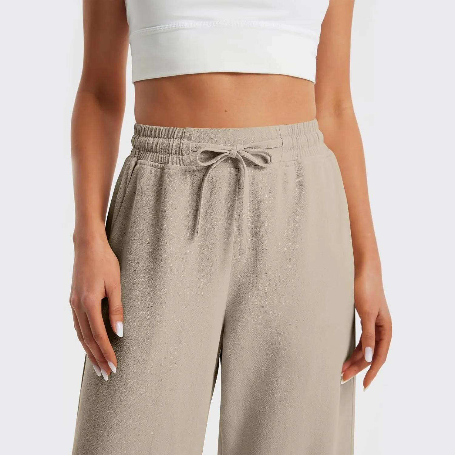 GOFULY Linen Pants Women Wide Leg Trendy High Waisted Pants Casual Drawstring Elastic Waist Baggy Solid Outfits with Pockets