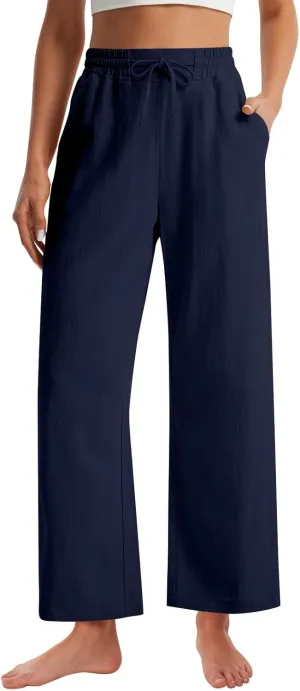 GOFULY Linen Pants Women Wide Leg Trendy High Waisted Pants Casual Drawstring Elastic Waist Baggy Solid Outfits with Pockets