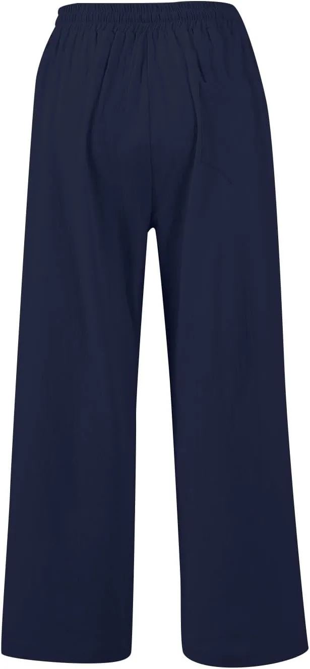 GOFULY Linen Pants Women Wide Leg Trendy High Waisted Pants Casual Drawstring Elastic Waist Baggy Solid Outfits with Pockets