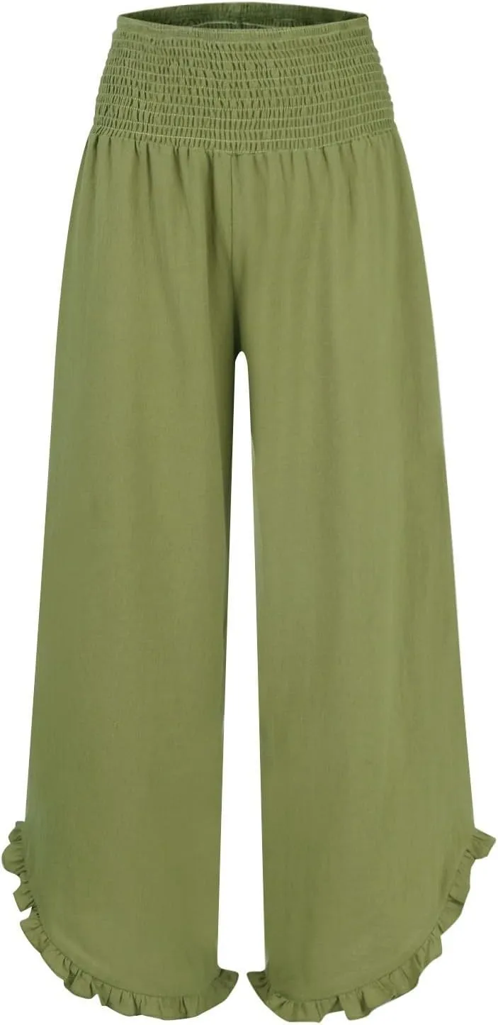 GOFULY Wide Leg Linen Pants Women Beach Flowy Summer Elastic Waist Palazzo Pants High Waisted Pockets Cropped Solid Trousers