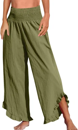 GOFULY Wide Leg Linen Pants Women Beach Flowy Summer Elastic Waist Palazzo Pants High Waisted Pockets Cropped Solid Trousers