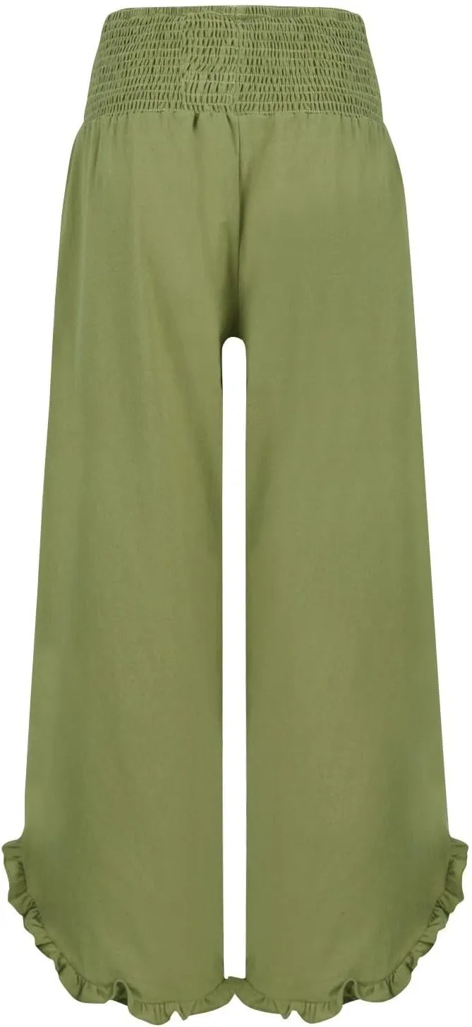 GOFULY Wide Leg Linen Pants Women Beach Flowy Summer Elastic Waist Palazzo Pants High Waisted Pockets Cropped Solid Trousers