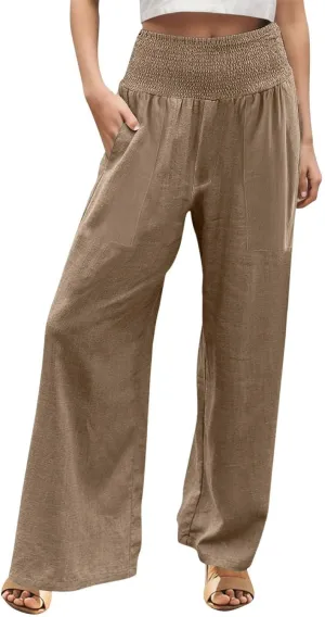 GOFULY Wide Leg Pants for Women Cotton Linen 2025 Summer Elastic Waist Palazzo Pants High Waisted Pocket Baggy Solid Clothes