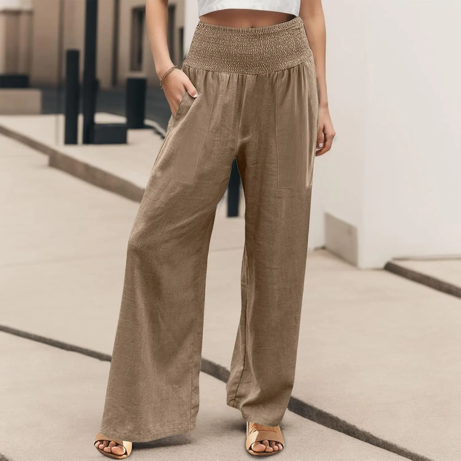 GOFULY Wide Leg Pants for Women Cotton Linen 2025 Summer Elastic Waist Palazzo Pants High Waisted Pocket Baggy Solid Clothes