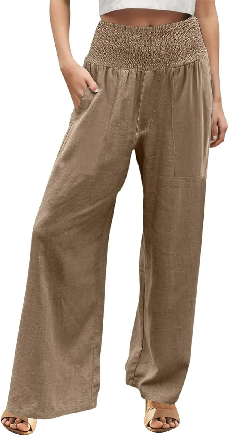 GOFULY Wide Leg Pants for Women Cotton Linen 2025 Summer Elastic Waist Palazzo Pants High Waisted Pocket Baggy Solid Clothes