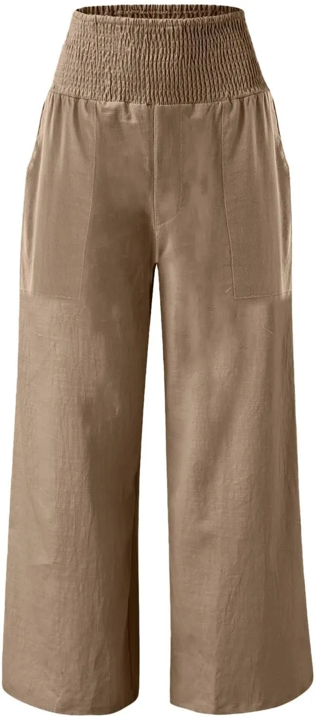 GOFULY Wide Leg Pants for Women Cotton Linen 2025 Summer Elastic Waist Palazzo Pants High Waisted Pocket Baggy Solid Clothes