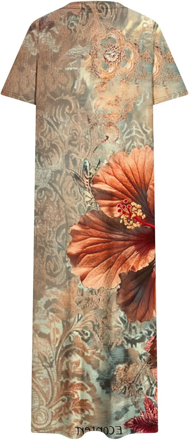 Going Out Dresses for Women 2025 Summer Casual Short Sleeve Midi Dress Floral Print Split Beach Dress with Pockets