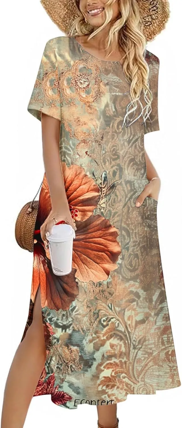 Going Out Dresses for Women 2025 Summer Casual Short Sleeve Midi Dress Floral Print Split Beach Dress with Pockets