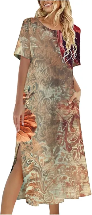 Going Out Dresses for Women 2025 Summer Casual Short Sleeve Midi Dress Floral Print Split Beach Dress with Pockets