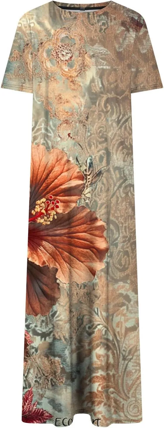 Going Out Dresses for Women 2025 Summer Casual Short Sleeve Midi Dress Floral Print Split Beach Dress with Pockets