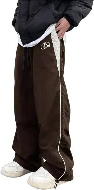 GORGLITTER Men's Drawstring Waist Cargo Pants Letter Print Wide Leg Y2k Pants