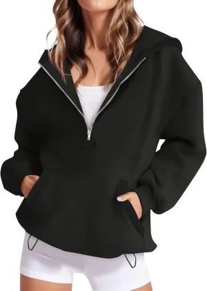 Half Zip Pullover Women Trendy Fleece Quarter Zip Y2k Hoodie Drop Shoulder Baggy Comfy Oversized Sweatshirt w/Pockets