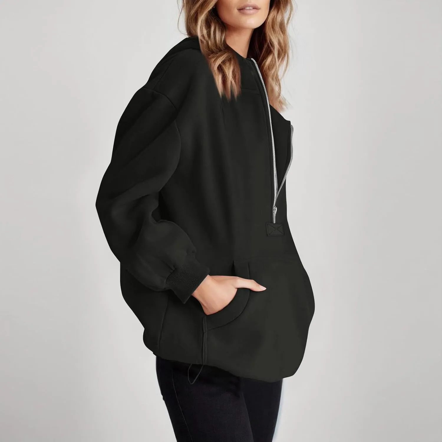 Half Zip Pullover Women Trendy Fleece Quarter Zip Y2k Hoodie Drop Shoulder Baggy Comfy Oversized Sweatshirt w/Pockets