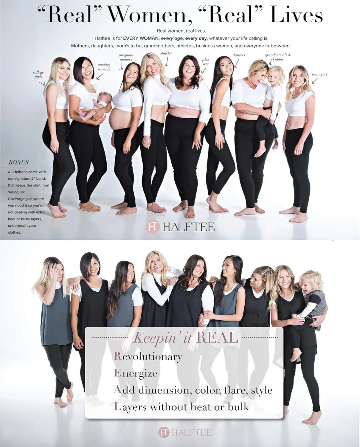 HALFTEE 3/4 Sleeve Layering Tee | Demi Cami for Women & Teens | Cute Crop Top | XS-6X
