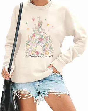 Happiest Place On Earth Sweatshirts for Women Graphic Magical Tshirt Family Vacation Pullover Shirt Casual Tee Tops