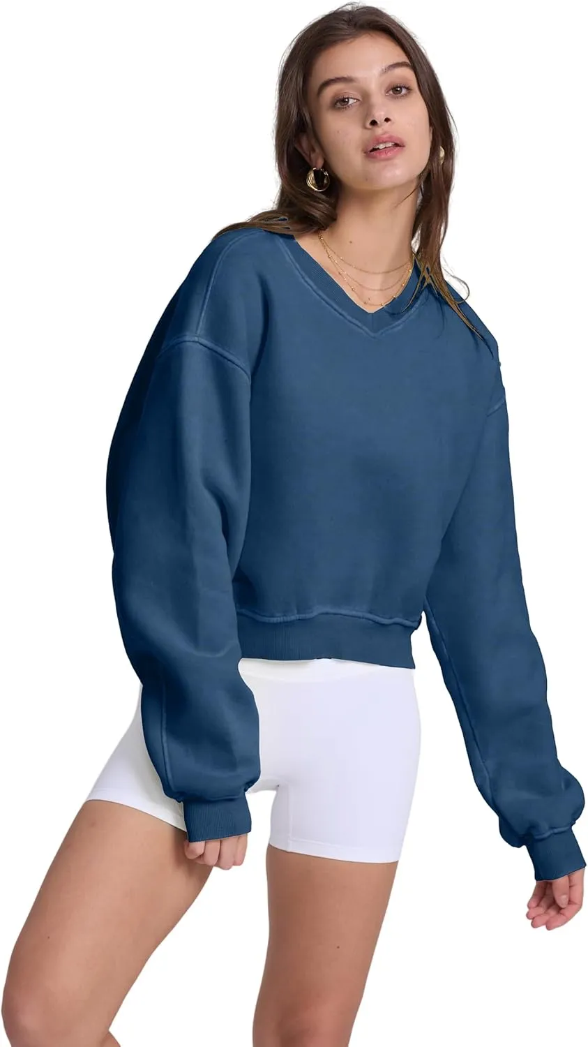Hatant Sweatshirt for Women Acid Wash Athletic Hoodie Heritage Fleece V-neck Long Sleeve Hoodie Fleece Women Sweatshirt