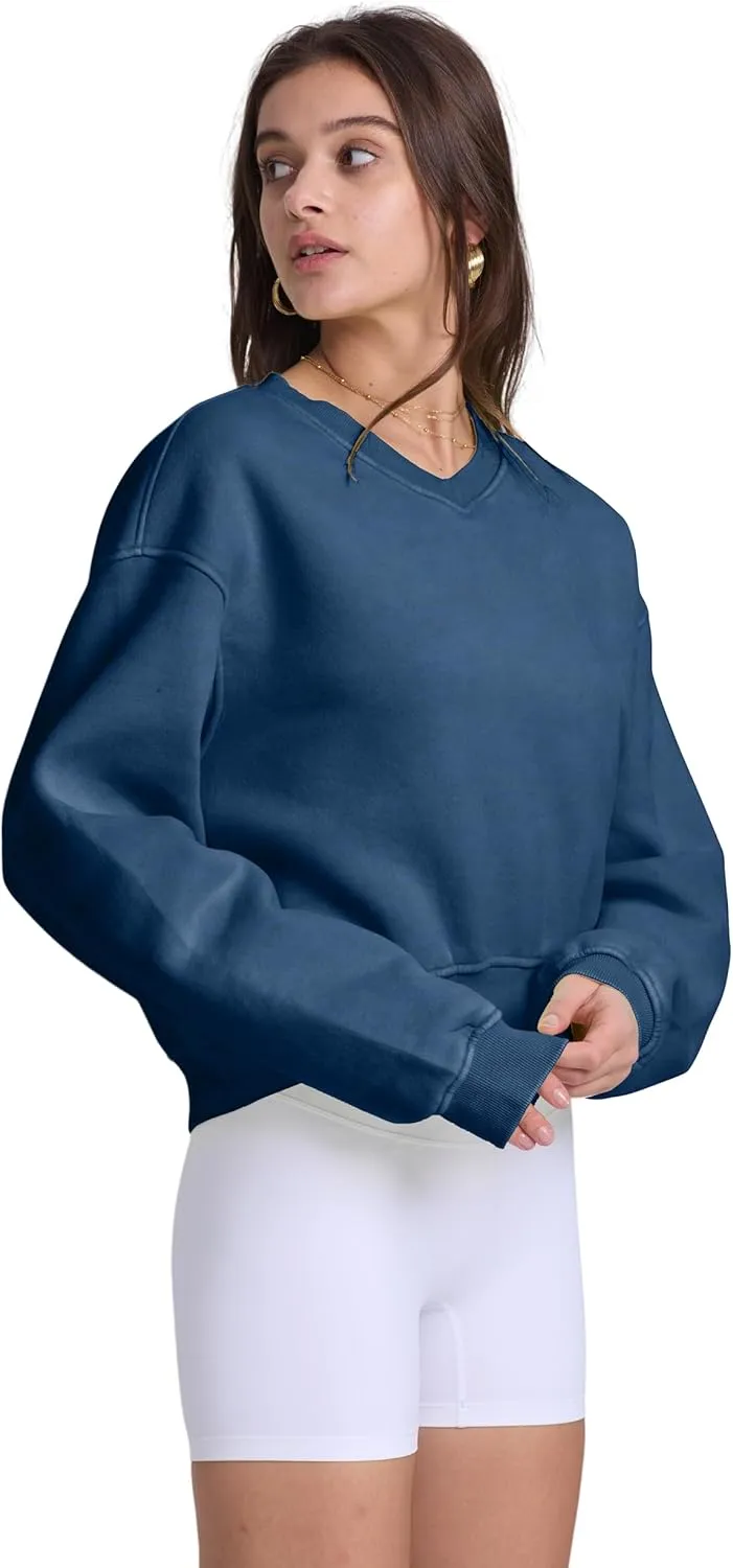 Hatant Sweatshirt for Women Acid Wash Athletic Hoodie Heritage Fleece V-neck Long Sleeve Hoodie Fleece Women Sweatshirt