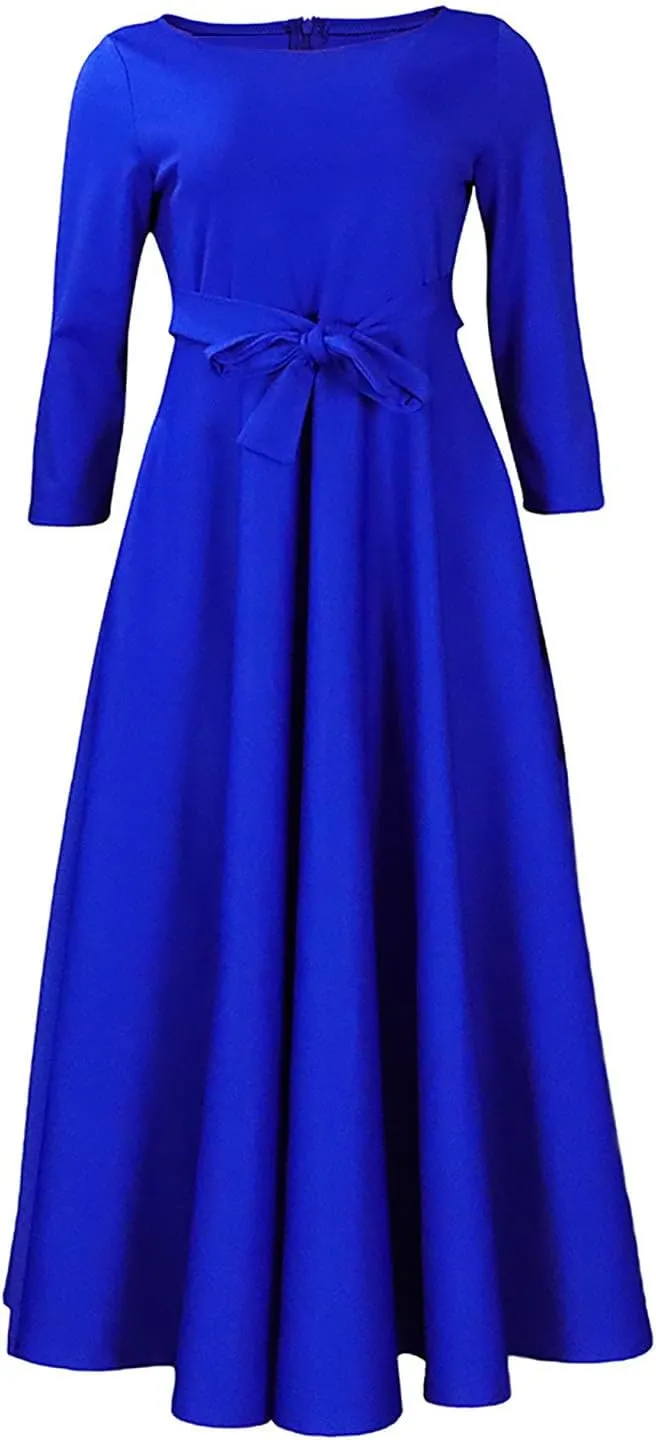 HGps8w Plus Size Women Elegant Belted High Waist Midi Dresses - Formal Solid Long Sleeve Wedding Guests Dress with Pockets