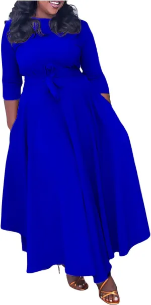 HGps8w Plus Size Women Elegant Belted High Waist Midi Dresses - Formal Solid Long Sleeve Wedding Guests Dress with Pockets