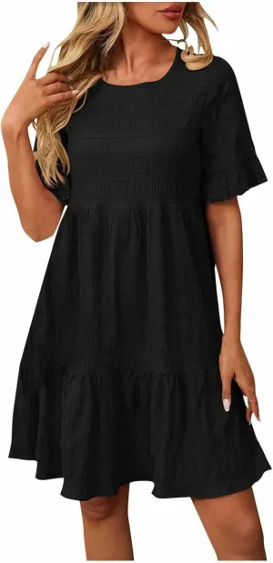 HGps8w Summer Dress for Women Boho Ruffle Trim Casual Crew Neck Loose Short Sleeve Swing Mini Beach Sun Dress