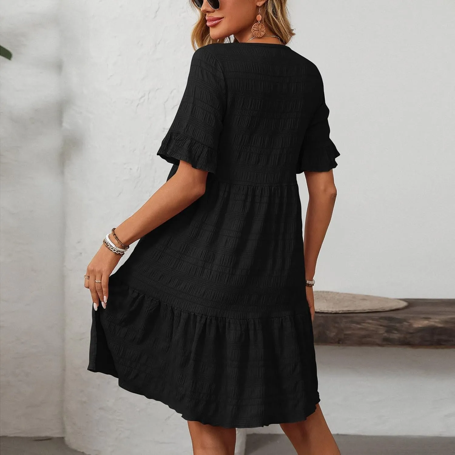 HGps8w Summer Dress for Women Boho Ruffle Trim Casual Crew Neck Loose Short Sleeve Swing Mini Beach Sun Dress