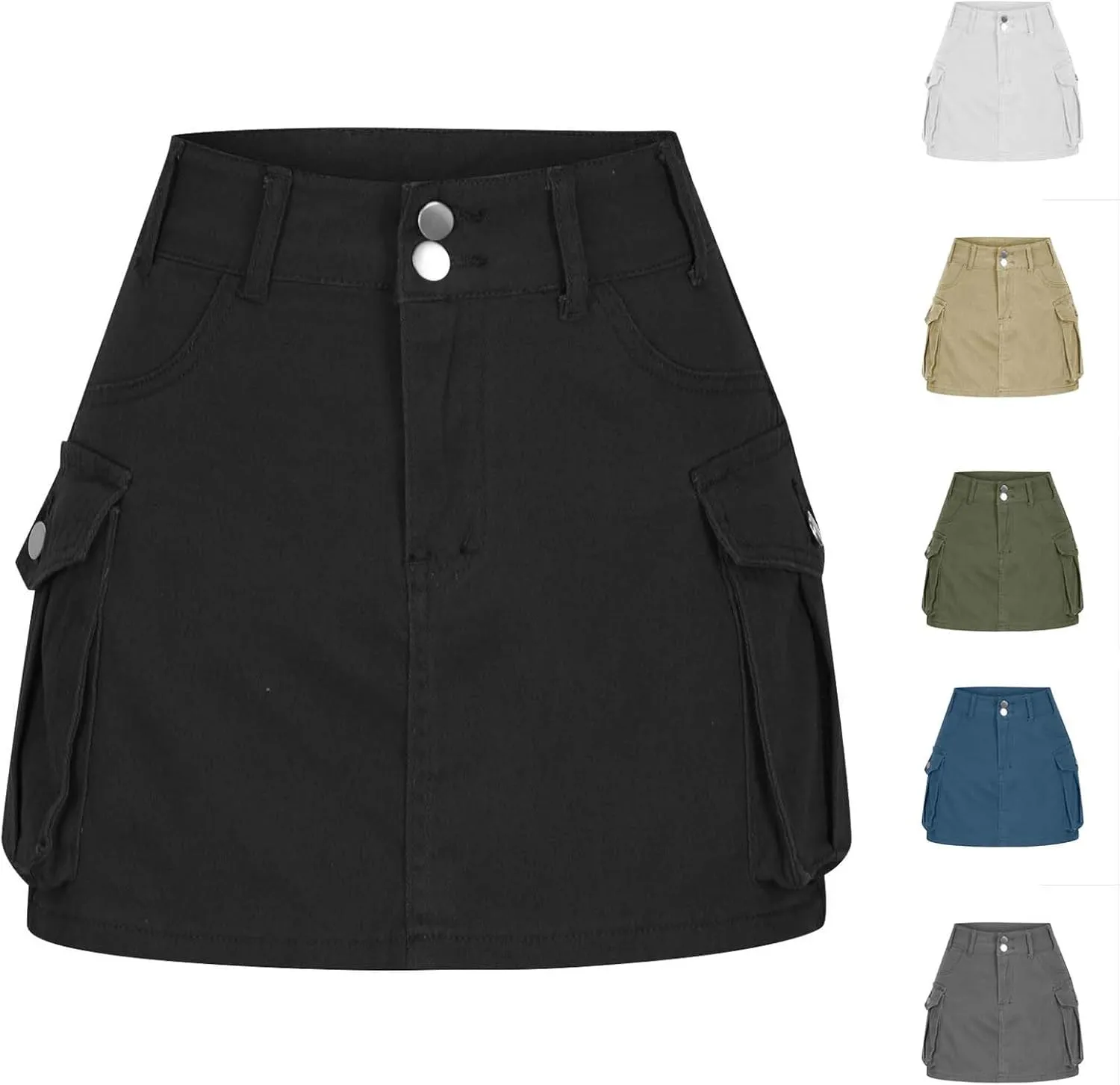 HGps8w Women Girls High Waisted Cargo Skirt 2025 Summer Button Bodycon Y2K Mini Denim Skirt with Flap Pockets