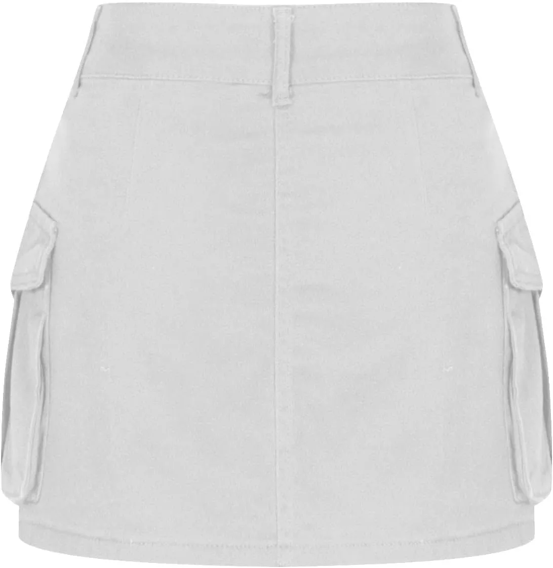 HGps8w Women Girls High Waisted Cargo Skirt 2025 Summer Button Bodycon Y2K Mini Denim Skirt with Flap Pockets