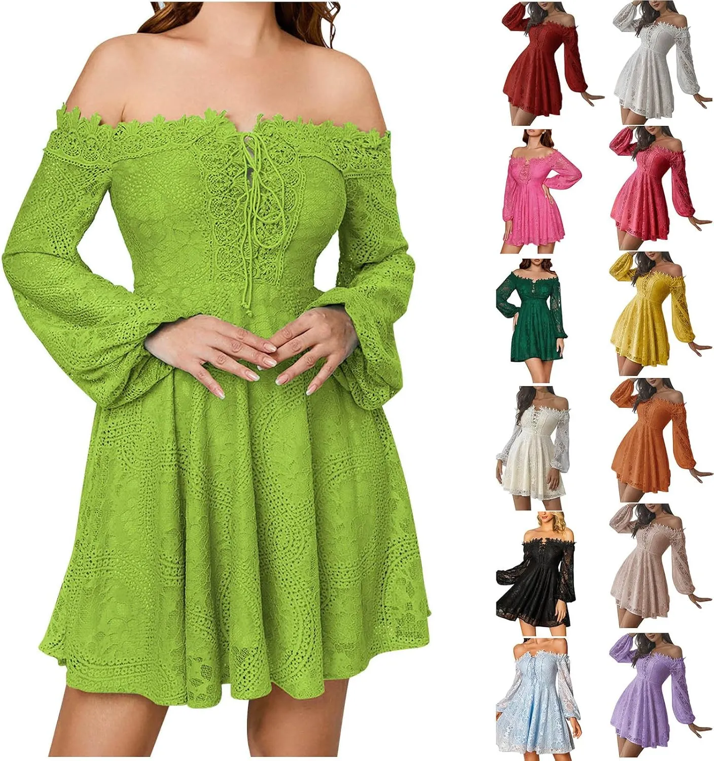 HGps8w Women Off The Shoulder Floral Lace Mini Dress Casual Solid Lantern Long Sleeve A-Line Swing Cocktail Party Dresses
