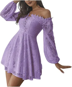 HGps8w Women Off The Shoulder Floral Lace Mini Dress Casual Solid Lantern Long Sleeve A-Line Swing Cocktail Party Dresses