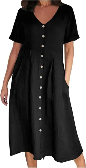 HGps8w Women's Cotton Linen Midi Dresses with Pockets Plus Size Summer Casual Short Sleeve Button Front V Neck Solid Dress