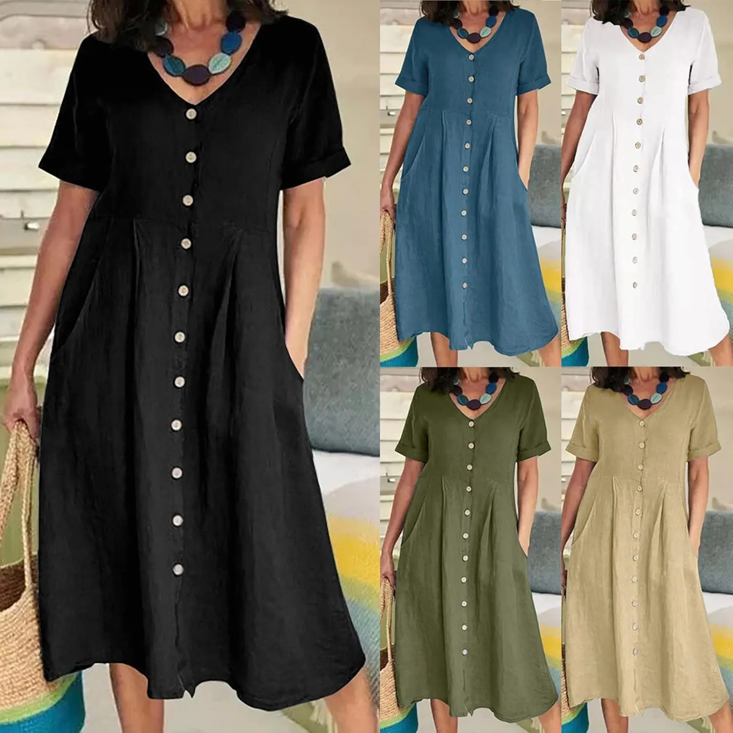 HGps8w Women's Cotton Linen Midi Dresses with Pockets Plus Size Summer Casual Short Sleeve Button Front V Neck Solid Dress
