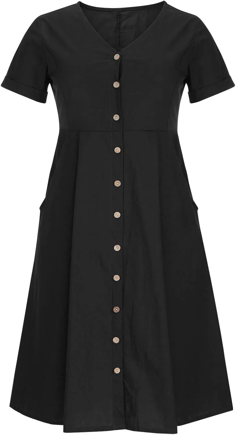 HGps8w Women's Cotton Linen Midi Dresses with Pockets Plus Size Summer Casual Short Sleeve Button Front V Neck Solid Dress