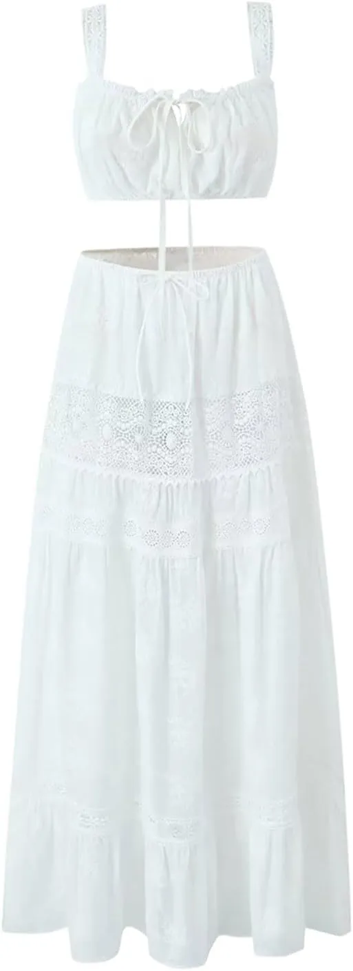 HGps8w Women's Elegant Off The Shoulder 2 Piece Boho Lace Outfits Laceup Crop Tank Top and High Waisted Flowy Long Skirt Sets