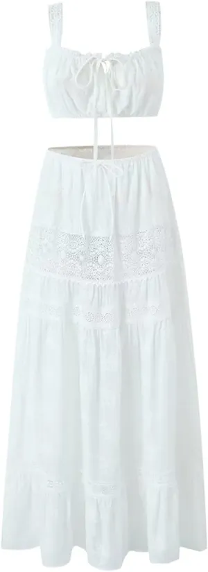 HGps8w Women's Elegant Off The Shoulder 2 Piece Boho Lace Outfits Laceup Crop Tank Top and High Waisted Flowy Long Skirt Sets