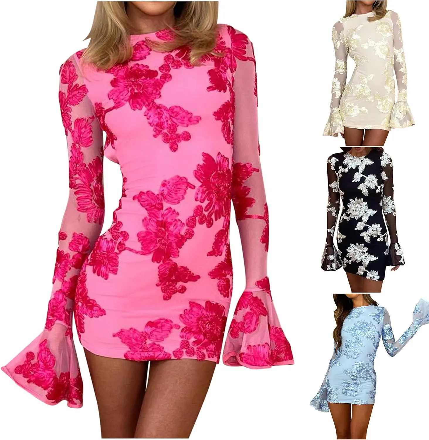 HGps8w Women's Floral Embroidered Sexy Bodycon Cocktail Dresses - Mesh Bell Long Sleeve Evening Party Club Mini Dress