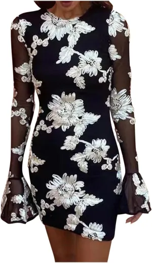 HGps8w Women's Floral Embroidered Sexy Bodycon Cocktail Dresses - Mesh Bell Long Sleeve Evening Party Club Mini Dress