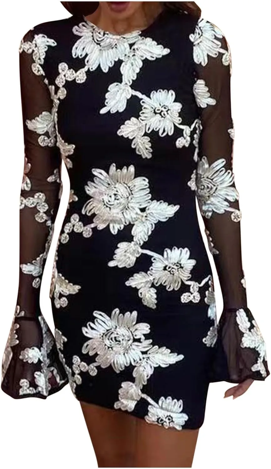 HGps8w Women's Floral Embroidered Sexy Bodycon Cocktail Dresses - Mesh Bell Long Sleeve Evening Party Club Mini Dress