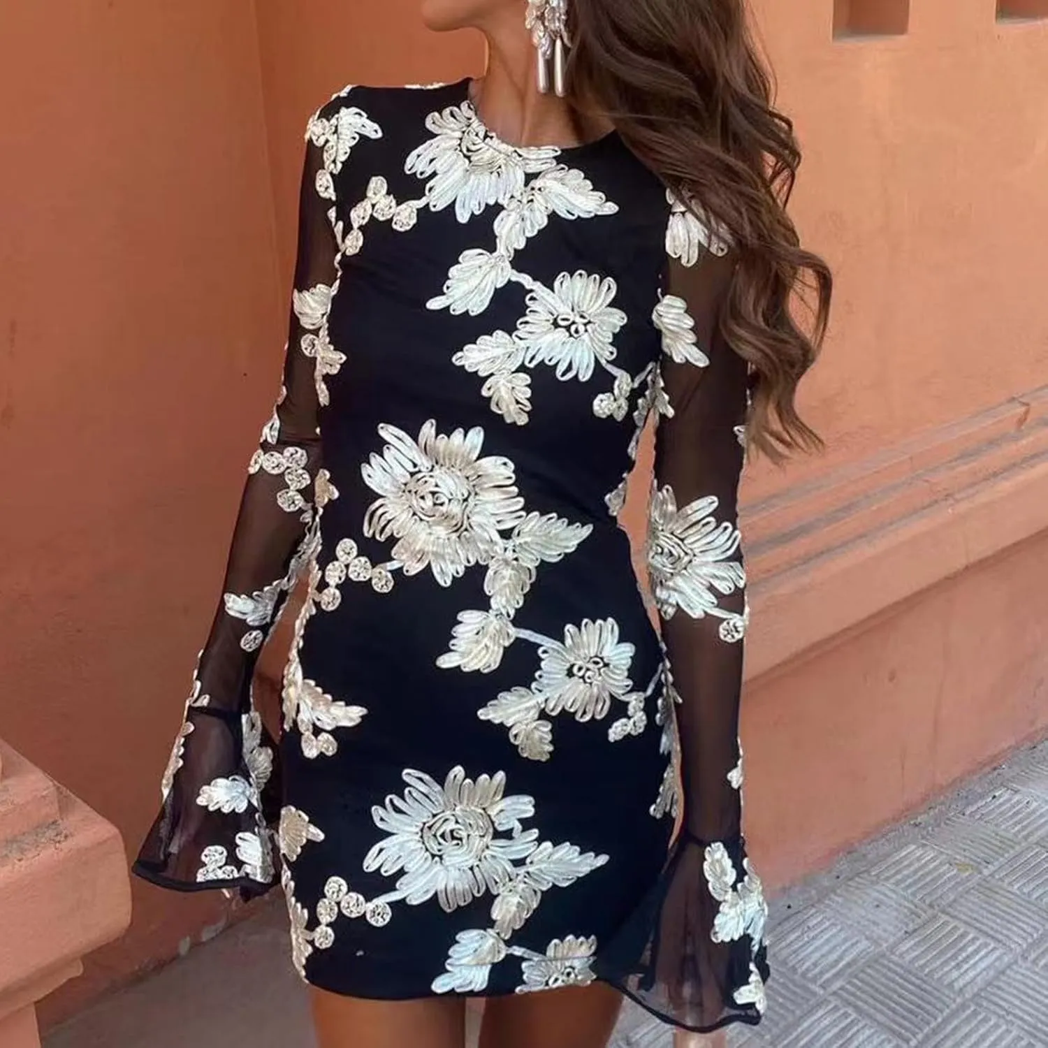HGps8w Women's Floral Embroidered Sexy Bodycon Cocktail Dresses - Mesh Bell Long Sleeve Evening Party Club Mini Dress
