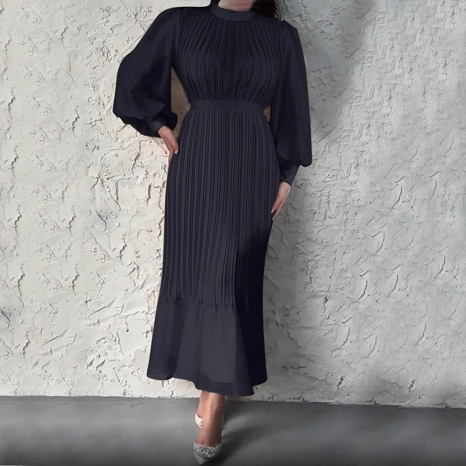 HGps8w Women's Lantern Long Sleeve Pleated Dress, Elegant Empire Waist Cocktail Party Wedding Guest Midi Dresses