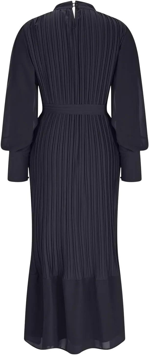 HGps8w Women's Lantern Long Sleeve Pleated Dress, Elegant Empire Waist Cocktail Party Wedding Guest Midi Dresses