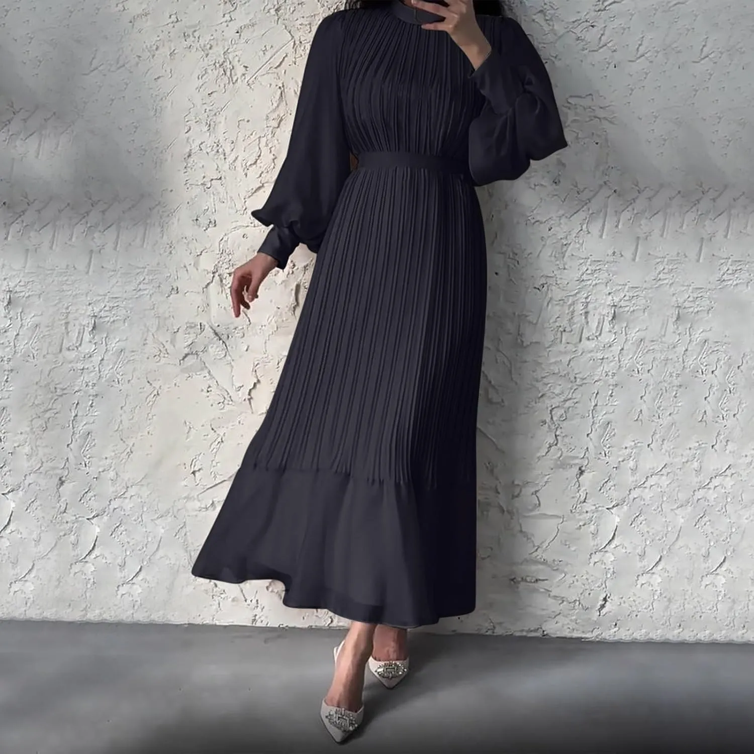 HGps8w Women's Lantern Long Sleeve Pleated Dress, Elegant Empire Waist Cocktail Party Wedding Guest Midi Dresses